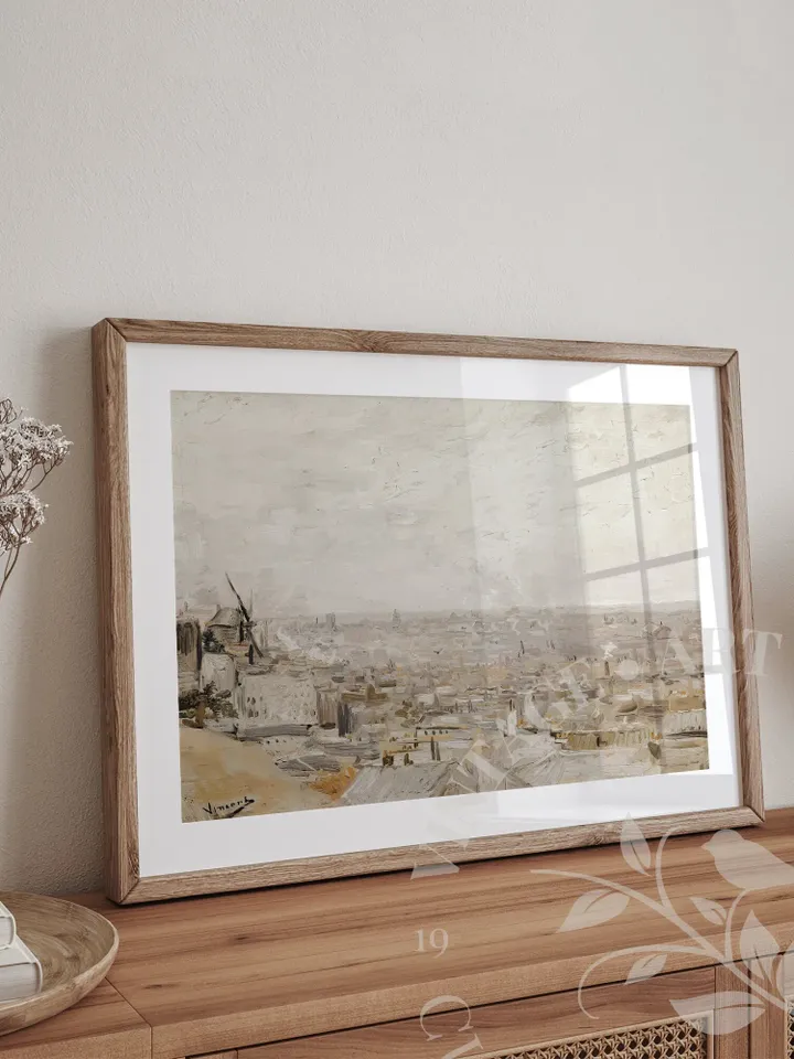 Abstract Vintage French Cityscape Oil Painting, Neutral Large Landscape Wall Art, PRINTABLE Downloadable Decor | 226