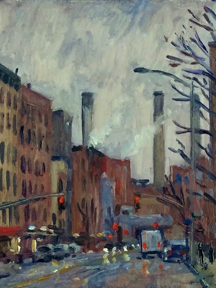 Original New York Cityscape Painting -Twilight/Avenue D/NYC- 7x7 Oil on Panel, Impressionist Landscape, Signed Original American Fine Art