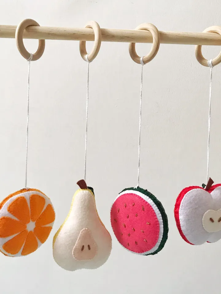 Baby gym hanging toys fruits, Felt baby gym toys, Wooden play gym toys, Activity gym toys