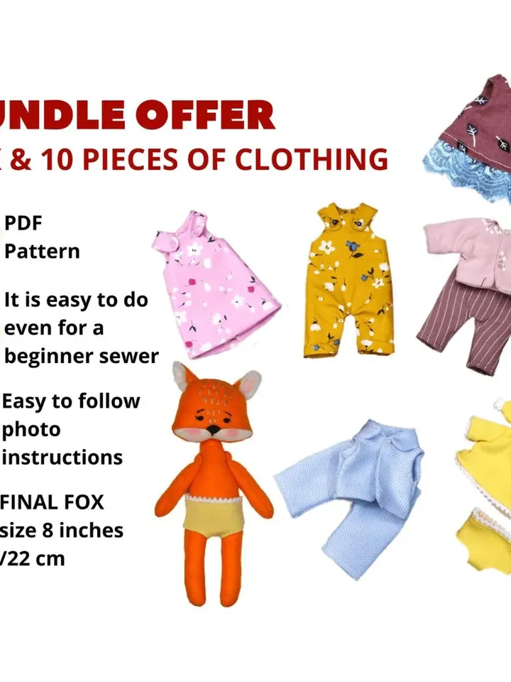 Patterns of a Fox Doll and a set of clothes for her. Bundle offer / Easy to follow photo instructions