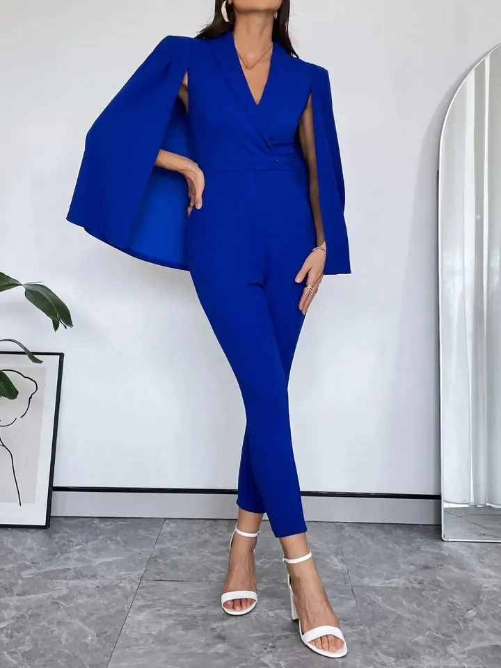 Elegant Blue Shawl Collar Cloak Sleeve Skinny Jumpsuit Pants Shirt Women Ladies Casual