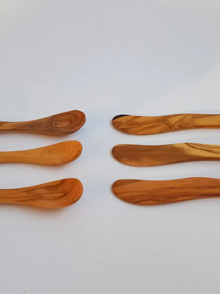 Set of 3 small egg spoons + Set of 3 small butter knives / spreaders - 100% Olive Wood - AKwood