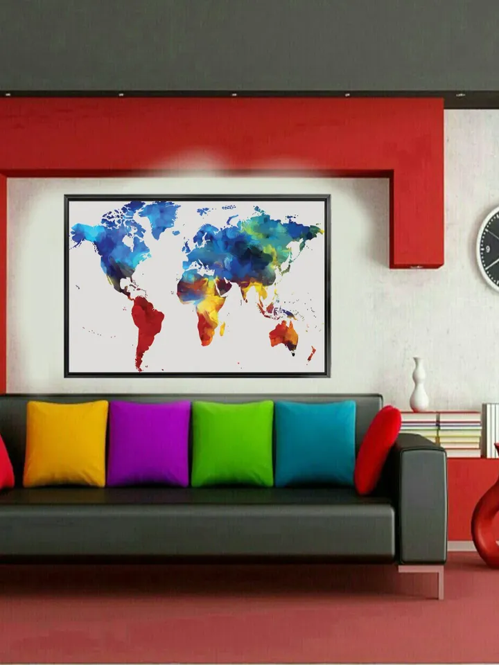 World map Print on Canvas , Floating Frame Option, Modern Wall Art, Extra Large Canvas Wall Art