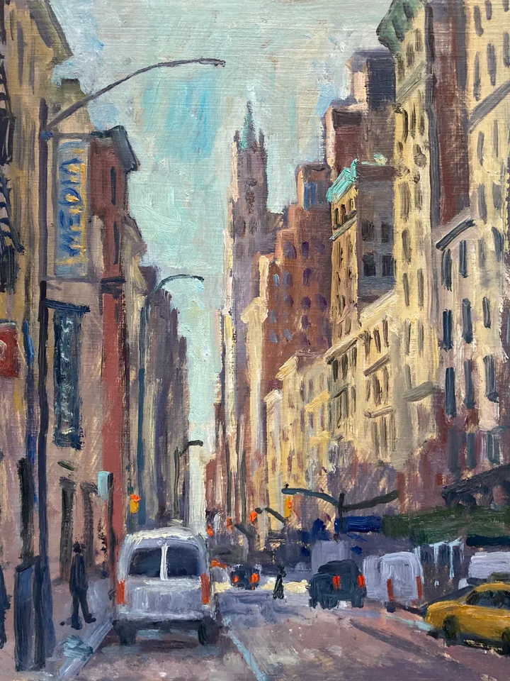 Original New York Cityscape Painting - Down Broadway/Winter Sunlight/NYC - 8x10 Oil on Panel, Signed Original New York Impressionism