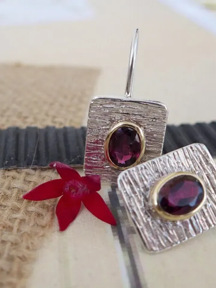 Textured Sterling Silver Earrings with Garnets Set in Gold