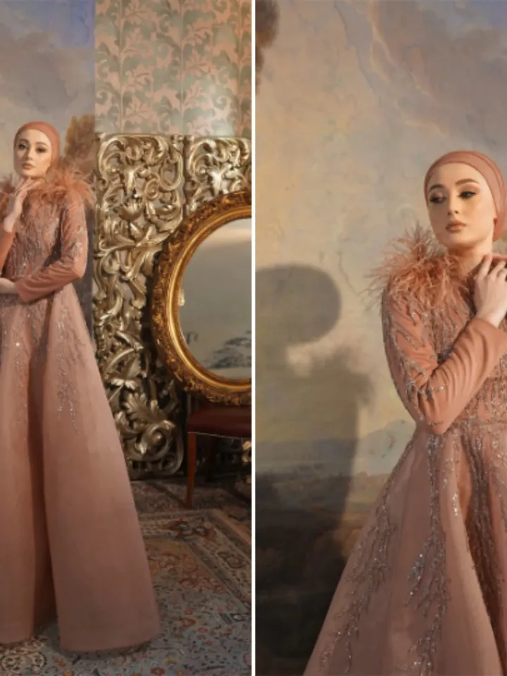 AHUNARE HIJAB - Diamond Copper Embroidered Wedding Dress, Muslim Evening Gown, Nikah, Islamic Wedding, Engagement, Bridesmaid,