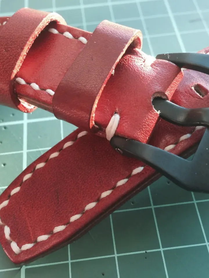 Handmade genuine Leather  Strap, Red Orange leather watch band, Cream white stitching and Black 20mm buckle watch strap for 20mm lug