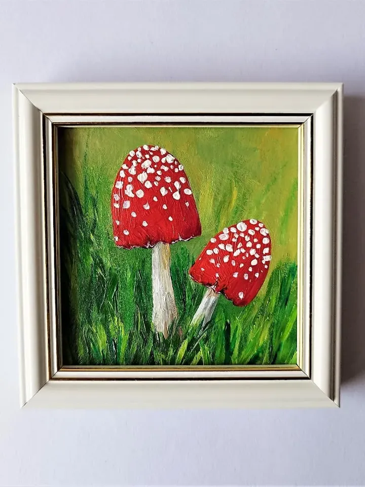 Mushroom art painting, Cute mushroom paintings, Toadstool picture, 2 mushrooms, Painting impasto