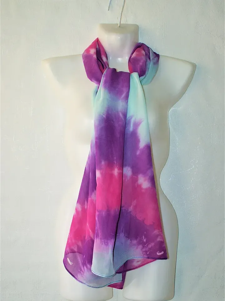 絲巾 Tie dye scarf Chiffon woman scarf Blue purple pink silk shawl Hand dyed scarf
