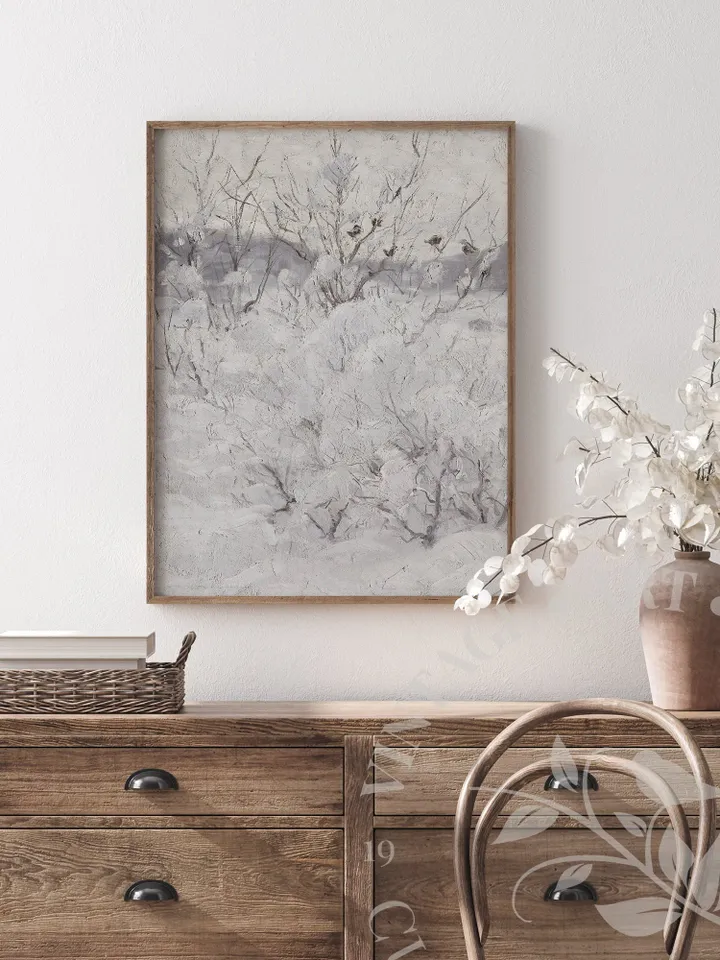 Vintage Winter Wall Art, Farmhouse Decor PRINTABLE Art, Snowy Tree Oil Painting, Landscape Wall Decor Downloadable | 218