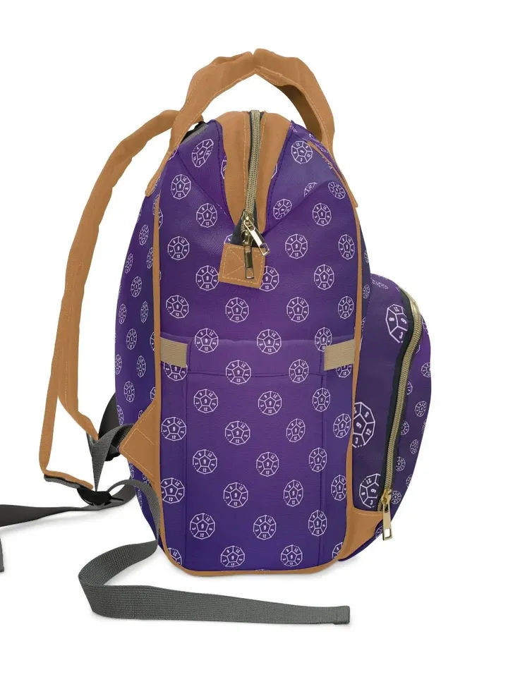 Purple Polyhedral Dice TTRPG Backpack | Tabletop Roleplaying Game Bag, LARP Pack, Bag of Holding, DnD Dice Set Pattern, Gift for Geeks