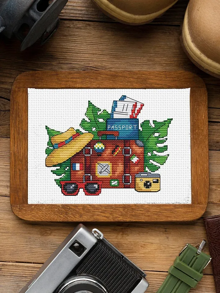 Travel Cross Stitch Pattern PDF, Suitcase Travel Cross Stitch, Vintage Travel Modern Cross Stitch, Easy Cross Stitch Travel