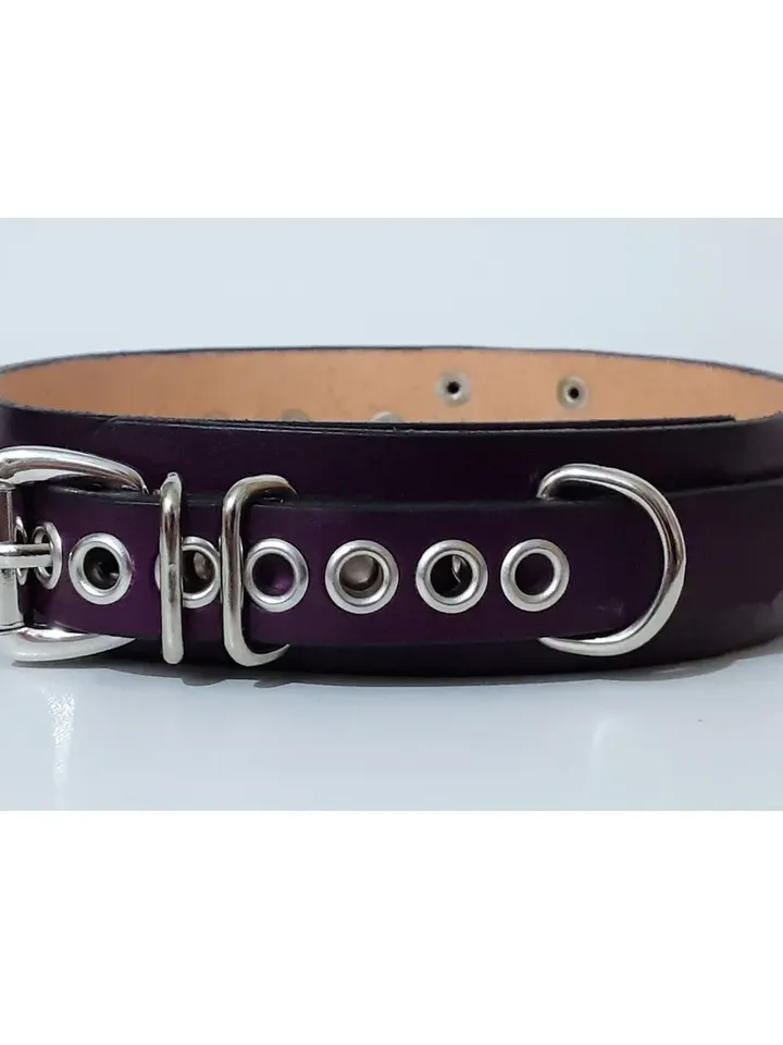 Handmade purple leather bdsm collar o-ring custom size