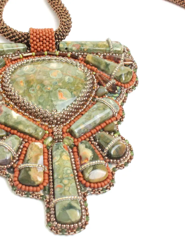 Necklace with ocean jasper embroidered with beads green beaded ethnic pendant talisman amulet boho jewelry