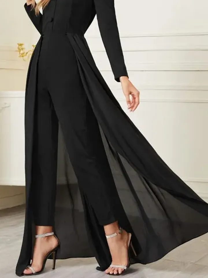 Lapel Collar Long Sleeve Button Front Shirt Jumpsuit With Mesh Skirt 2 Colors