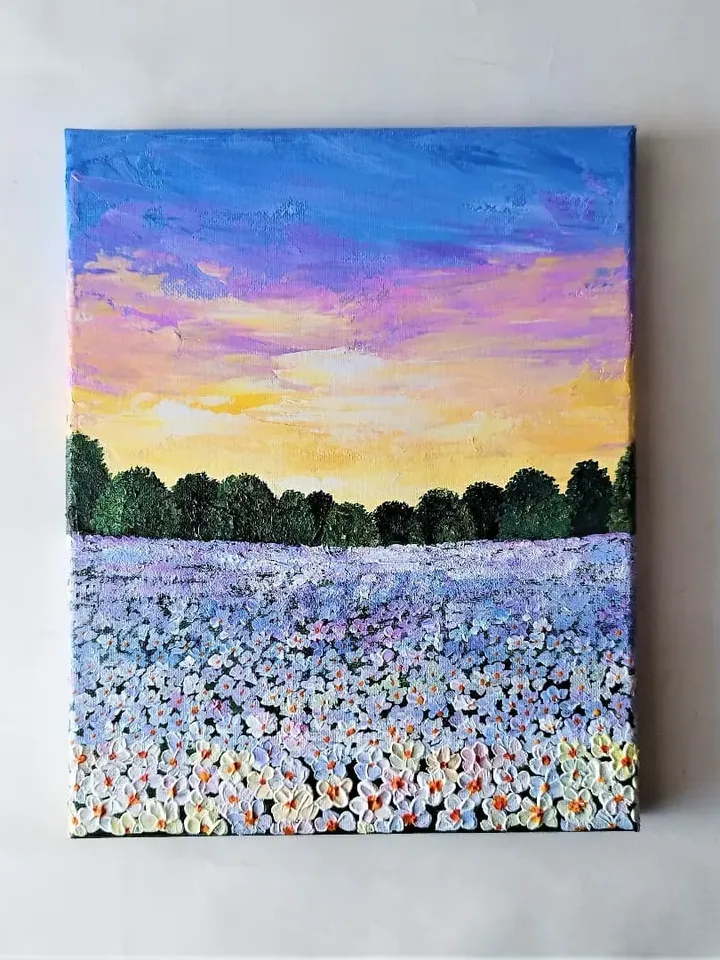Acrylic Painting of a Sunset Landscape with White Field Flowers