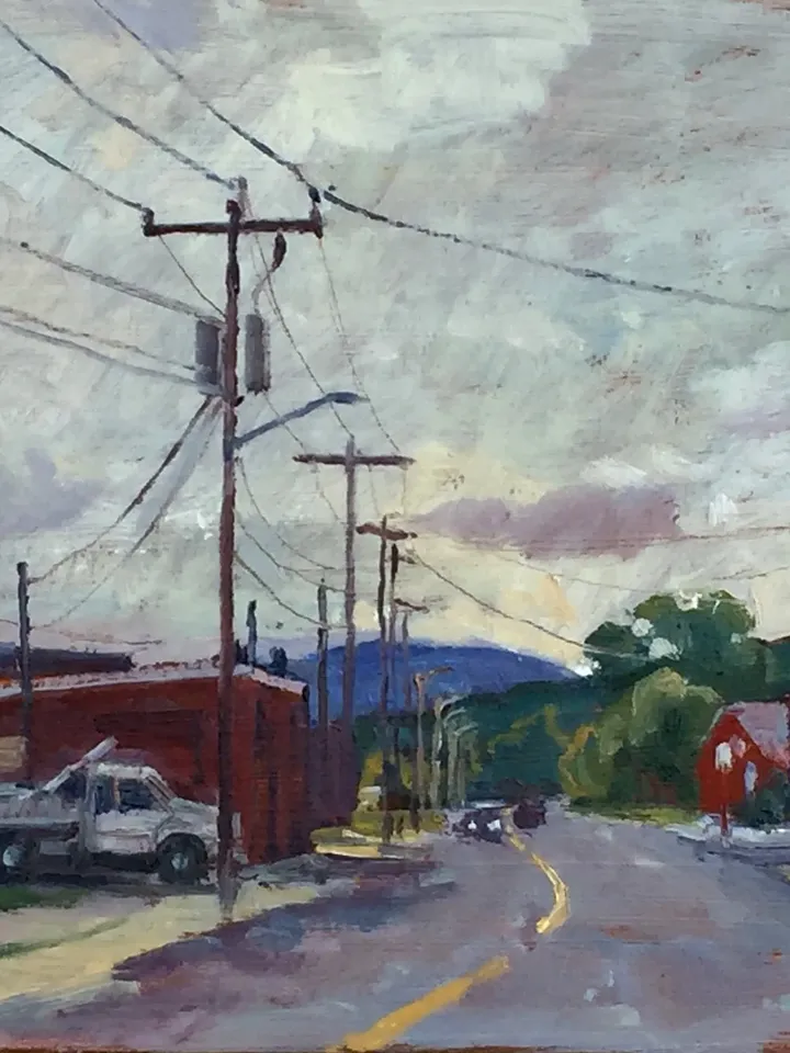 Original Cityscape Painting - North Adams/Mass Moca- 10x16 Oil on Panel, American Street Scene, Urban Impressionist Landscape