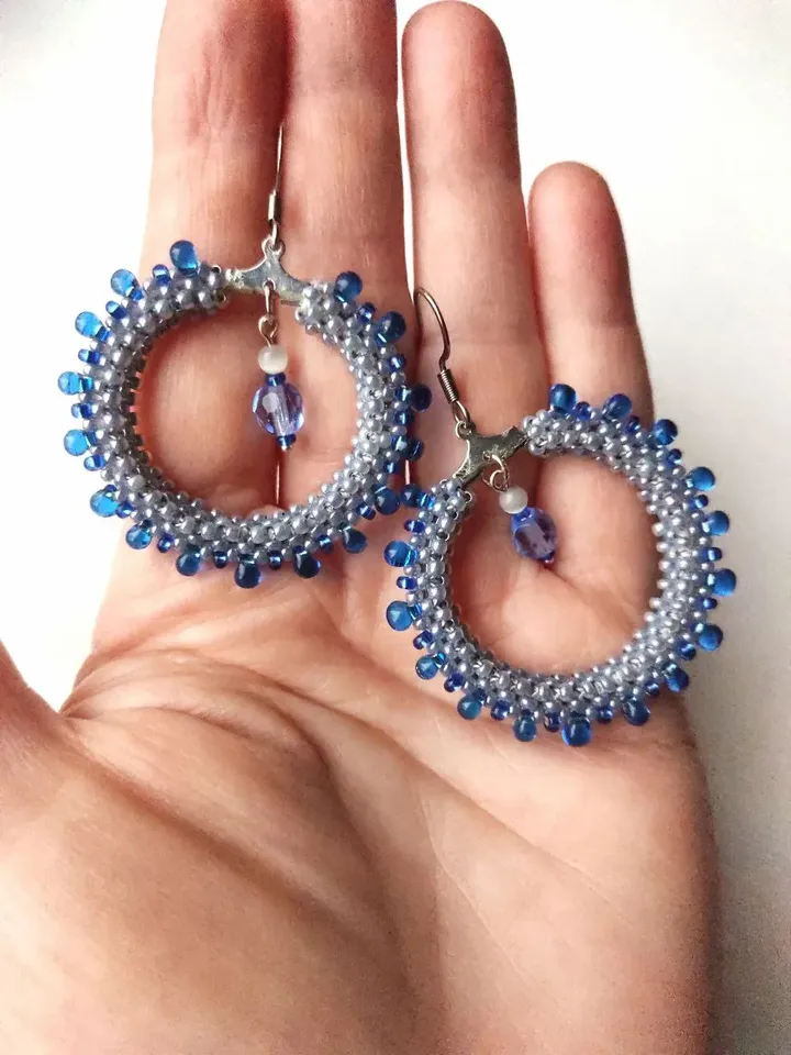 Ring earrings with blue beads drops large fashionable earrings