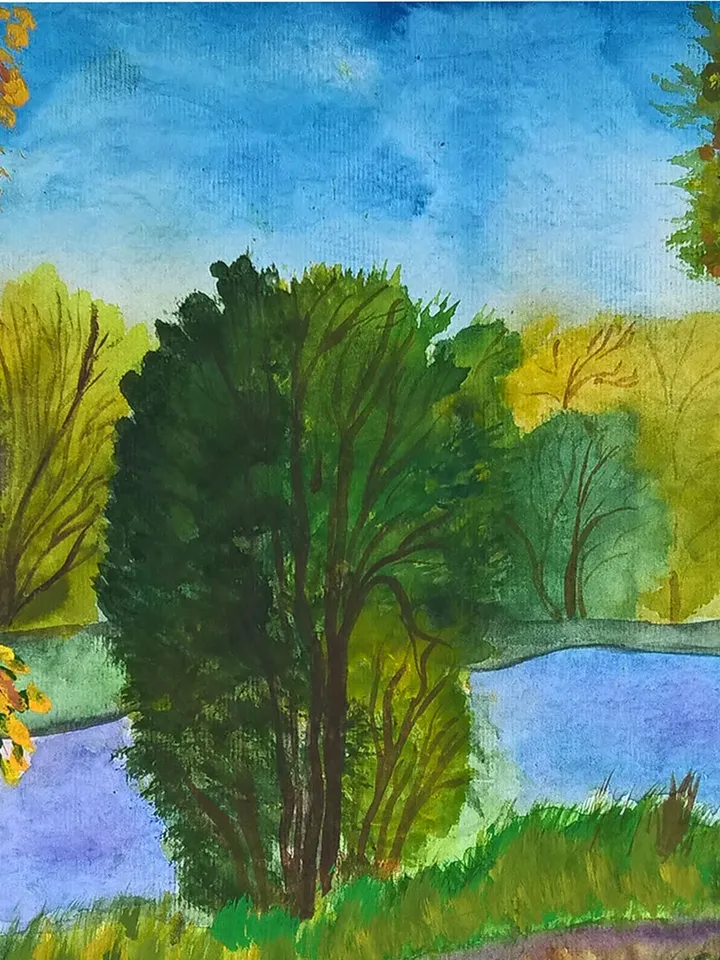Watercolor painting of a birch and a river Autumn landscape in a watercolor painting Painting of nature Original watercolor painting