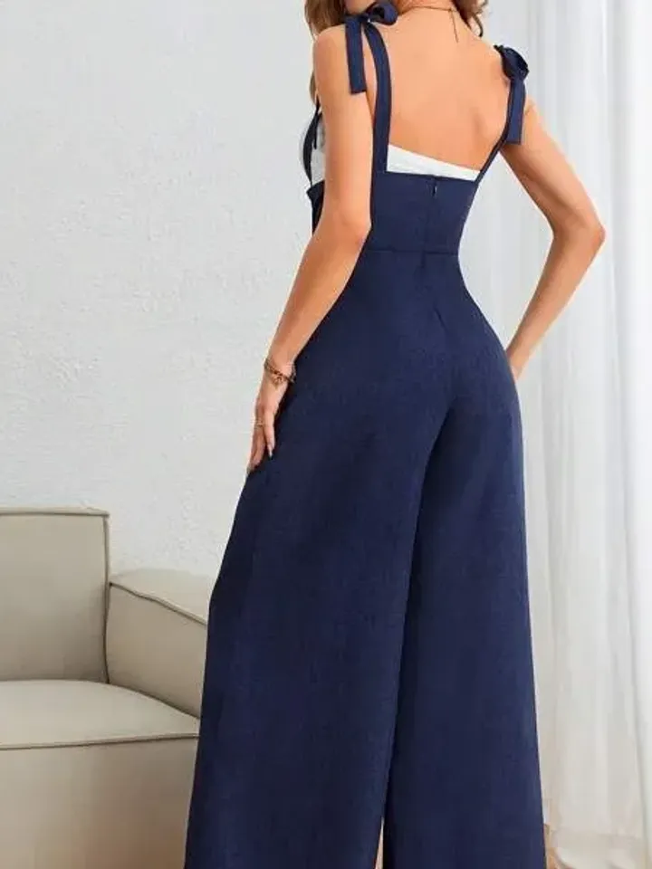 Navy Blue Elegant Straps Double Breasted Pockets High Waist Wide Leg Suspender Jumpsuit Overall Women Ladies