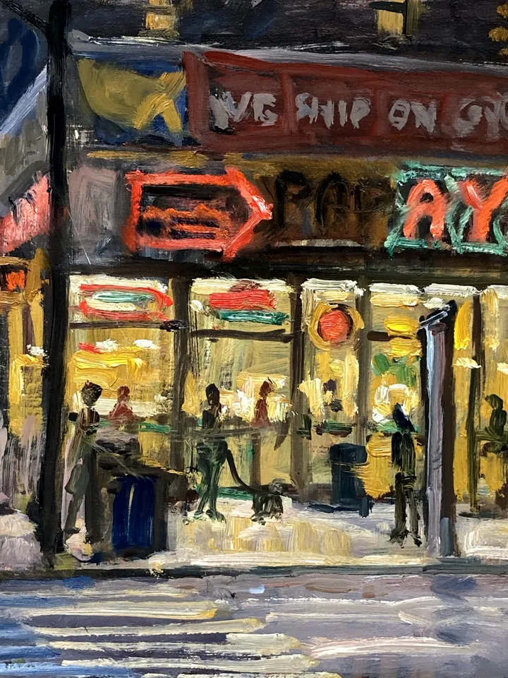 Papaya King/NYC Nocturne Painting - New York Cityscape, 10x10 Oil on Panel, Contemporary Realist Fine Art, Signed Original