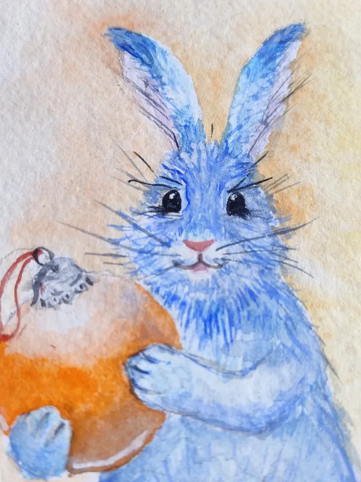 Rabbit painting original watercolor art blue Rabbit Christmas card miniature art