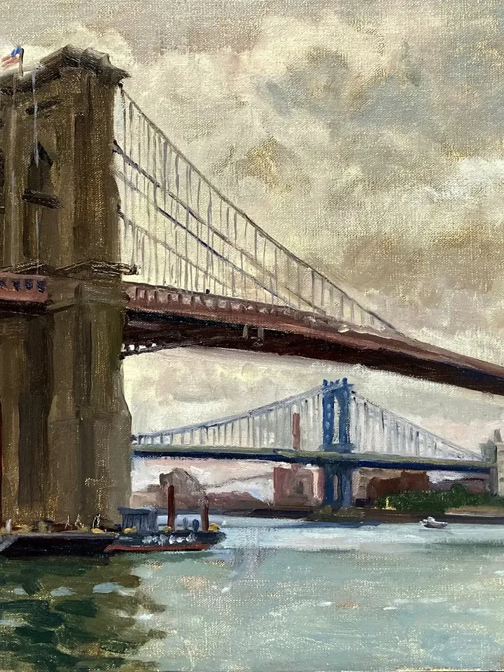 Large Original New York Cityscape Painting - Brooklyn Bridge/NYC - 14x24 Oil on Linen, Impressionist Fine Art, Signed Plein Air Landscape