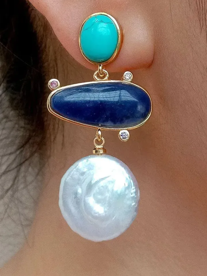 Turquoise Earrings, Pearl Earrings, Turquoise and Pearl Earrings, Gold Plated Turquoise Earrings