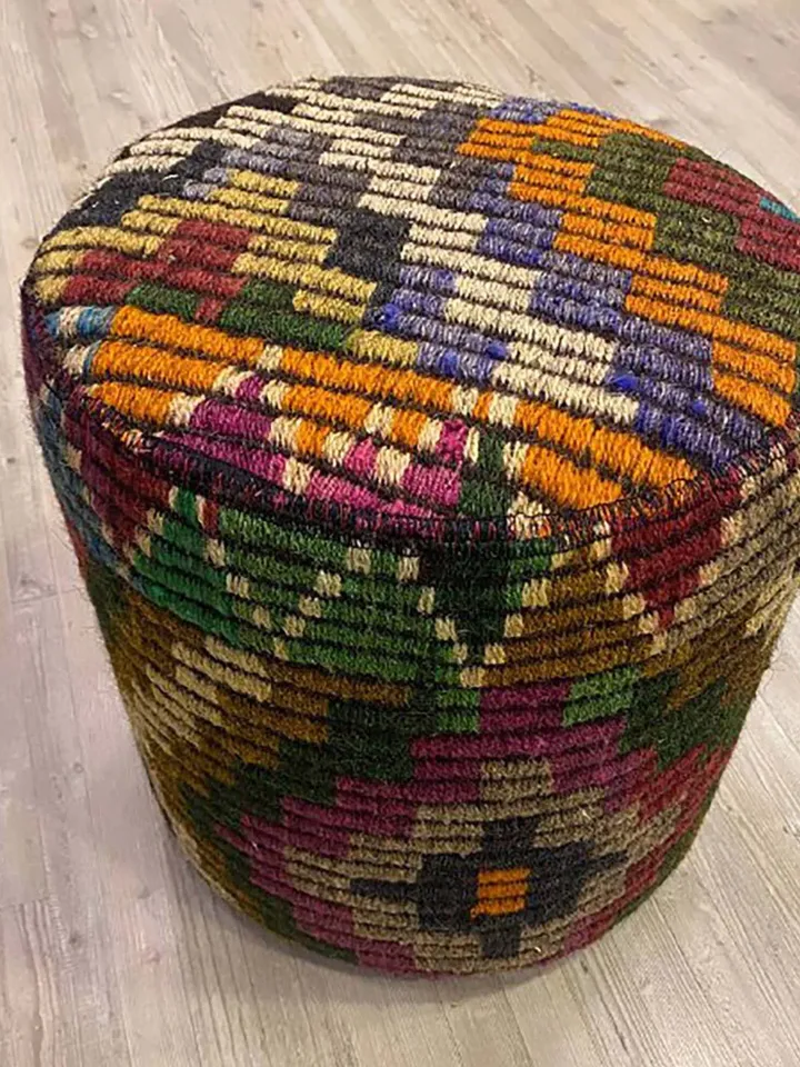 BohoCozy: Handmade Patchwork Ottoman Pouf, Bohemian Kilim Rug, 35x40x35cm for a Cozy Home Decor .