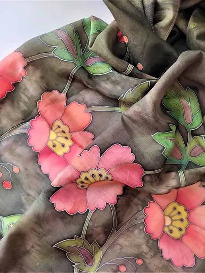 Pink and green scarf Hand painted scarf Floral scarves Cotton and silk scarf