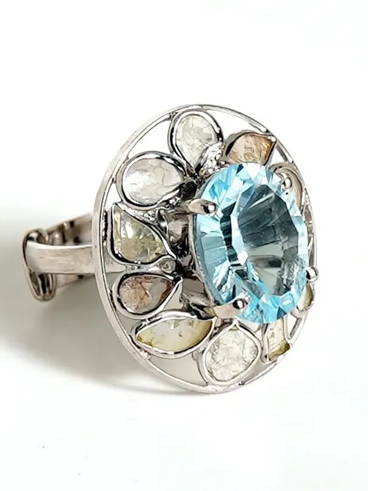 Natural Blue Topaz Ring, Polki Diamond Ring, Adjustable Ring, Engagement Ring, Art Deco Ring, Wedding Gift, Anniversary Gift, Solitaire Ring