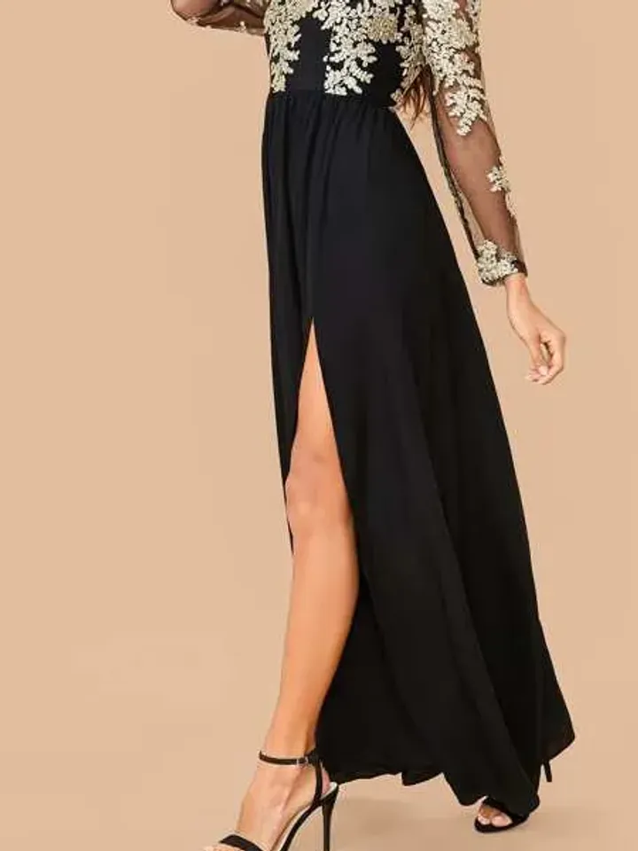 Floral Embroidered Off the Shoulder Long Sleeve Split Thigh Fit and Flare Dress Wedding Party Evening Prom Cocktail Club Xmas Christmas