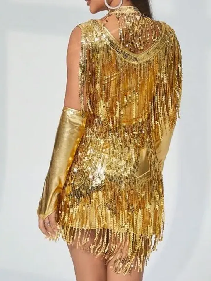 Gold 3PCS Sequin Metallic Fringe Trim Bodycon Dress Arm Sleeves Dickey Collar Party Prom Cocktail Wedding Evening Club