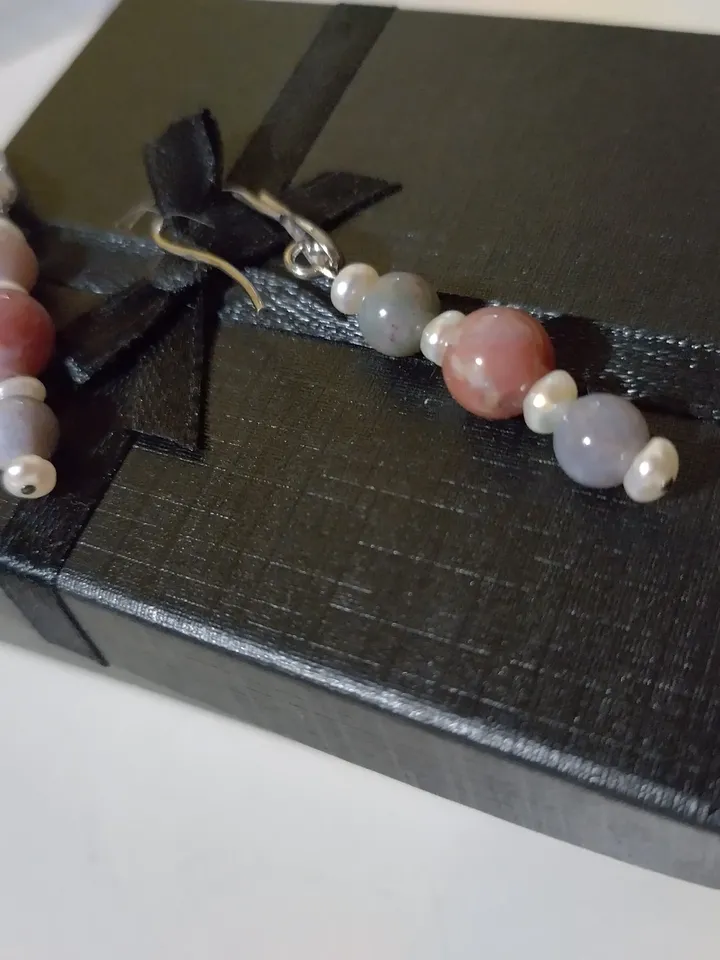 Sterling silver earrings with jasper and cultured pearls
