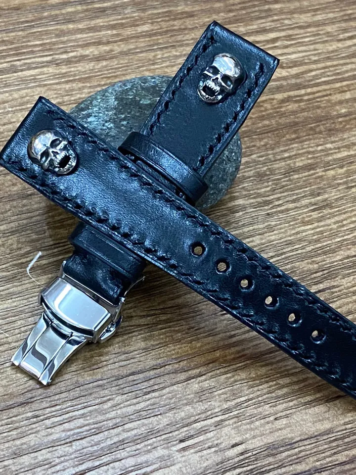 Leather Watch Straps 19mm Sterling Silver 925 Skull, Butterfly Clasp Wrist Watch Band in Black Genuine Leather 20mm, Gift Ideas for husband