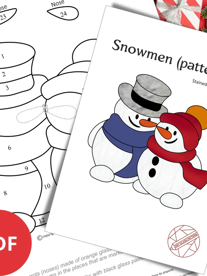 Stained Glass Pattern, Christmas Suncatcher - Two cute embracing snowmen - PDF Digital Download For your Christmas gift