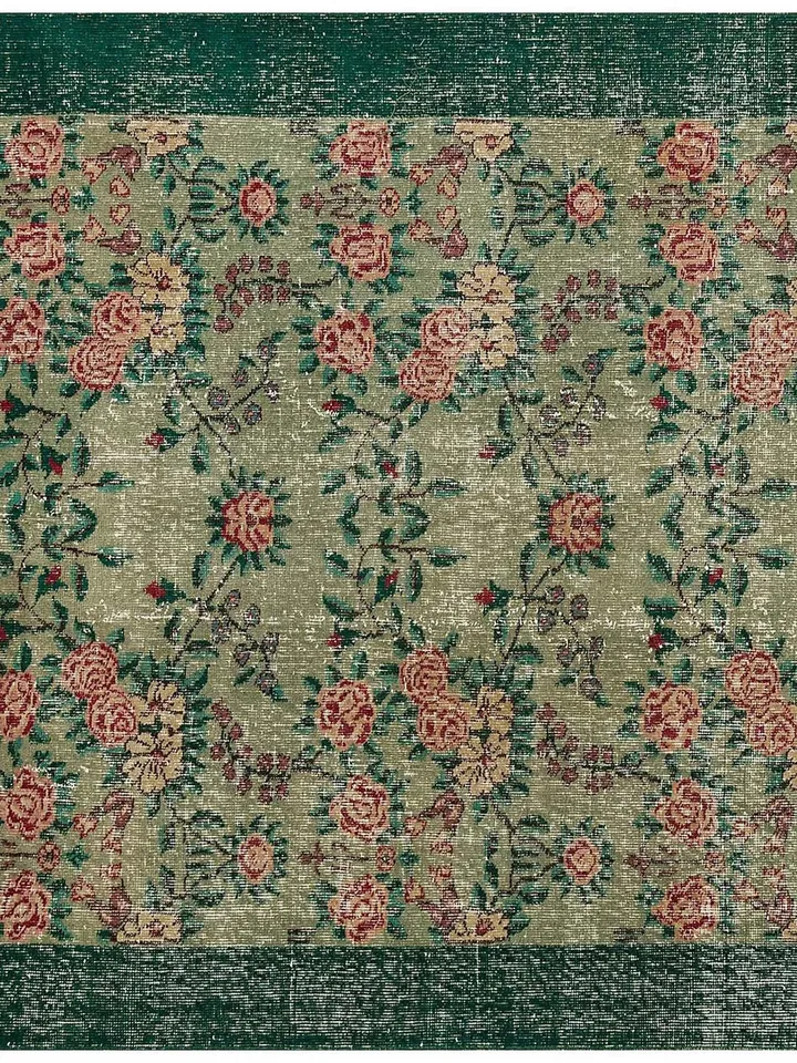 Antique Turkish Floral Rug: Classic Beige with Green Frame, 5.2x8.2ft Worn & Timeless Beauty