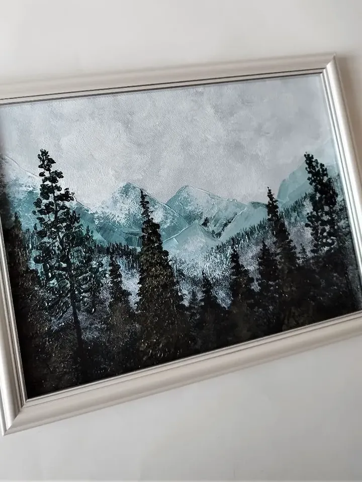 Forest Mountain Landscape Acrylic Painting Framed Art