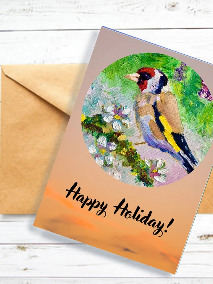 Goldfinch Digital Bird Greeting Card, Happy Holiday card