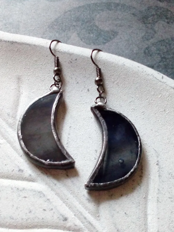 Glass crescent earrings, Black crecsent, Witchy goth aesthetic, Witch earrings, Tin soldered moon earrings