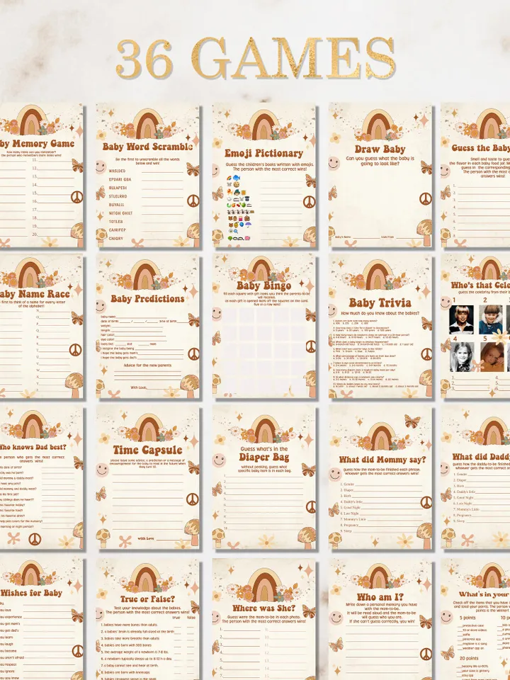 Groovy Baby Shower Games; Let's get groovy piece love; Printable daisy boho Baby Shower Party Games; groovy Shower Games;