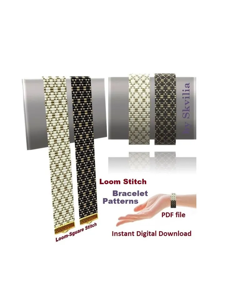 Cuff Bracelet Loom-Square Stitch Bead Patterns Bracelet, Instant Download, Beading Techniques, Miyuki Delica or Czech beads Preciosa