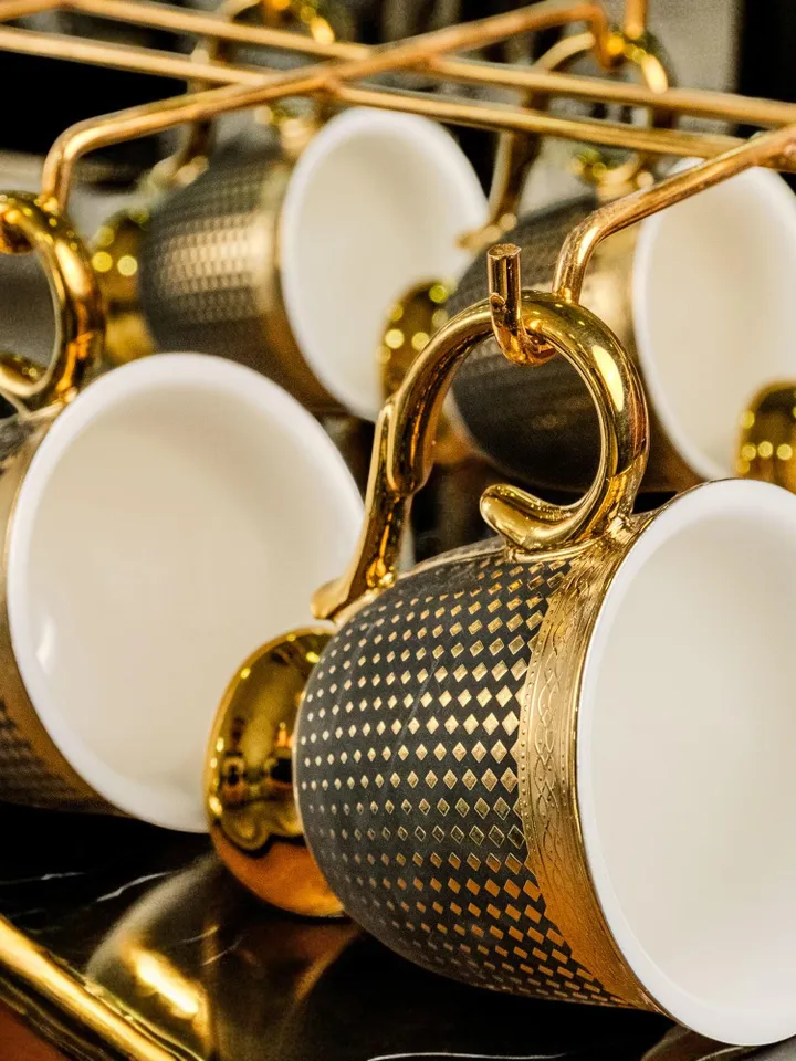14K Gold Powder Black Porcelain Tea Cups And Saucers | Tea Cups Saucers Set | Gold Porcelain Set | Elegant Teaware | Gift For Tea Lovers