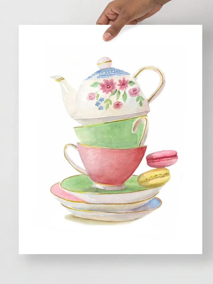 Tea cups, Kitchen Art, Wall Art, Kitchen Wall Decor, Vintage Tea Cup, Gift For Tea Lovers, Tea Party Decor ,Watercolor Art Print Tea Poster
