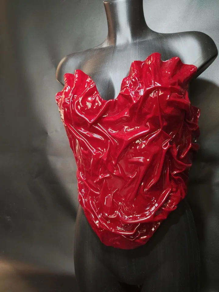 Red corset, cosplay corset, custom corset, crop top, plastic cotset, unique corset, festival corset, golden wave corset, photo props