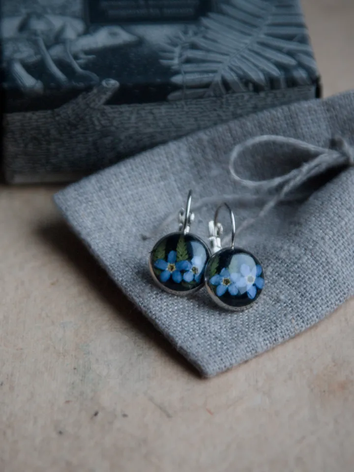 Fern and Forget-me-not flowers earrings. Classic dangles made of clear resin