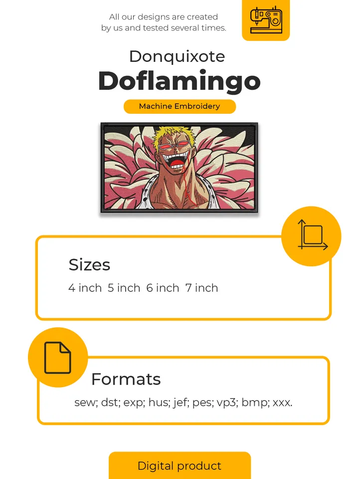 Doflamingo Embroidery Design File/ One Piece Anime Embroidery Design/ Machine Design. Swoosh