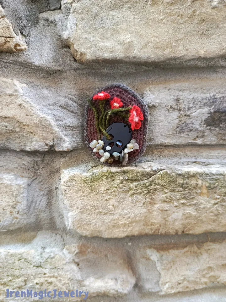 Dark Memento Mori Skull Brooch with Red Flowers