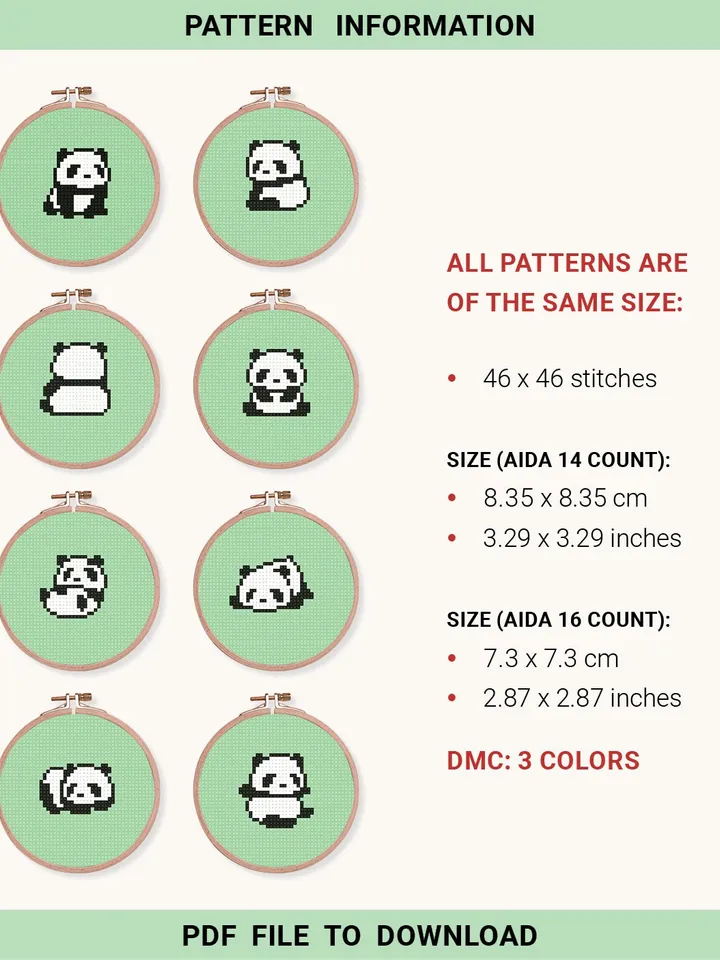 Bundle of 8 mini cute pandas Cross stitch patterns contemporary panda animals beginner counted modern chart gift DIY embroidery instant PDF