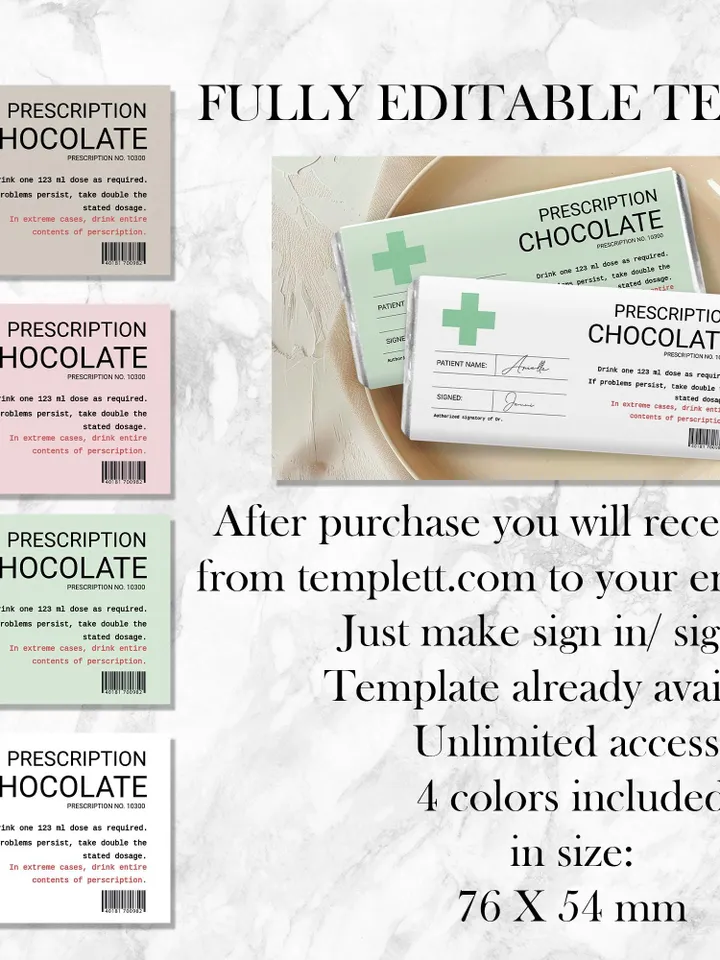 Personalized Prescription Chocolate; Editable & Printable fun novelty gift Birthday, Christmas, gift for her; instant download
